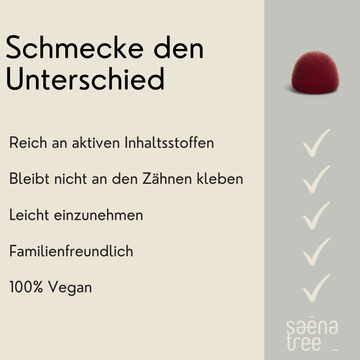 Product description with text and a red berry on a gray background, featuring the brand 'saéna tree'.