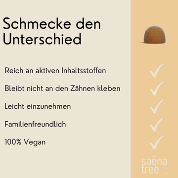 Product description card with text and a checkmark icon on a beige background