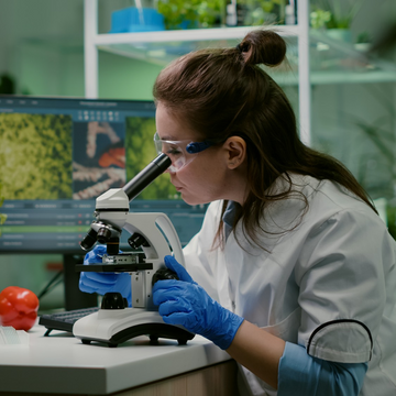 Femme scientifique en blouse travaillant au microscope pour le contrôle qualité et la recherche en développement de Saenatree Probiotic au Bacillus Subtilis.