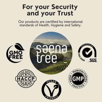 Saenatree wellness supplements with trusted global certifications: GMO-free, HACCP food safety, vegan, GMP, and FSSC22000 quality standards.