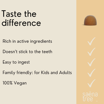 Product advertisement with text and a raspberry on a gray background, featuring the brand