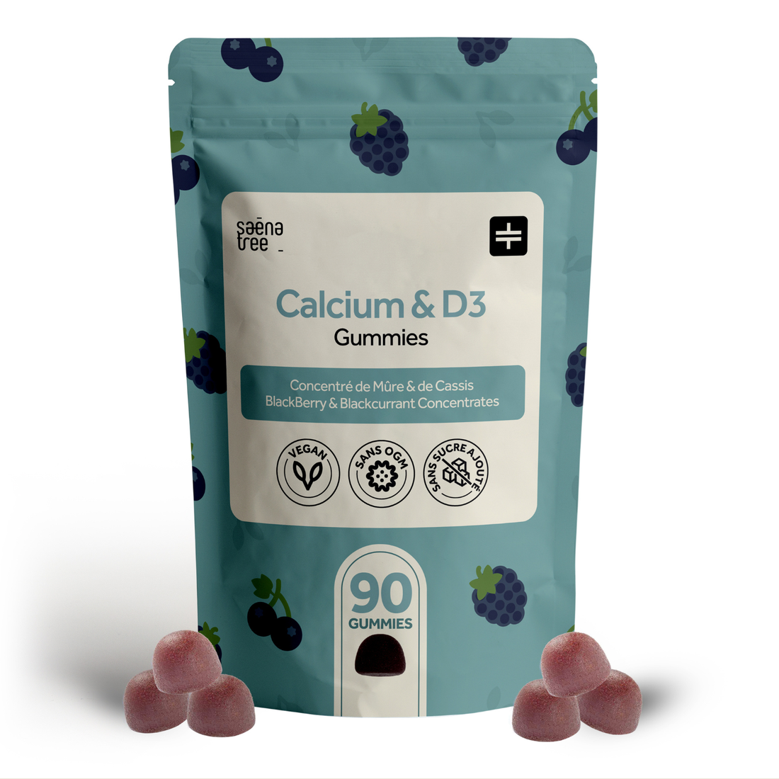 Complément alimentaire Saenatree Healthy Bones en gummies véganes au calcium, vitamine D3, mûre et cassis, pour la santé des os.