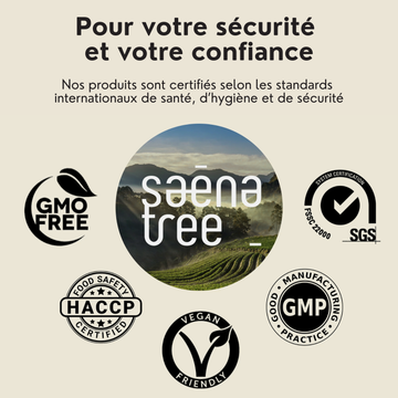 Saenatree wellness supplements with trusted global certifications: GMO-free, HACCP food safety, vegan, GMP, and FSSC22000 quality standards.