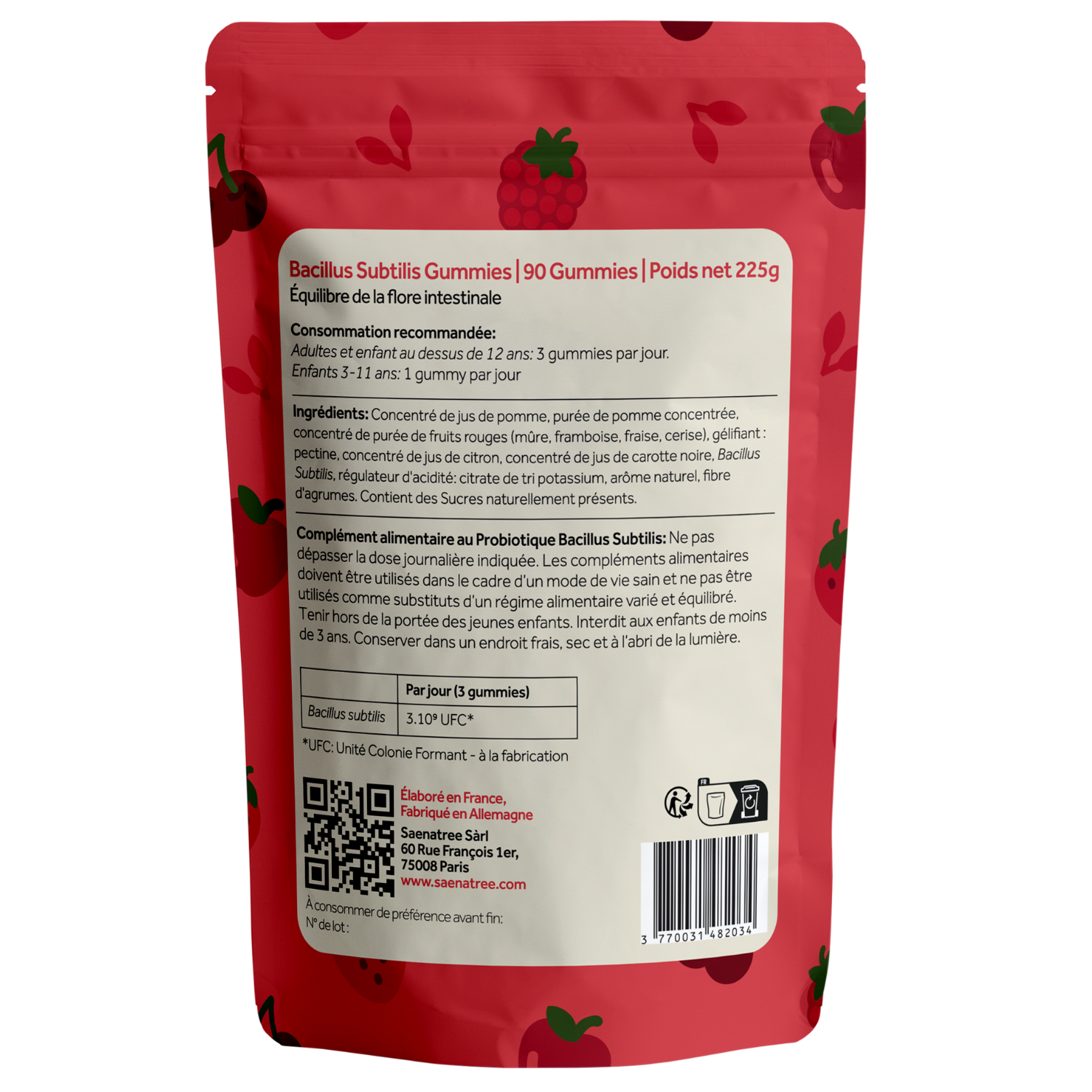 Saenatree Gommes Probiotiques Bacillus Subtilis pour la santé intestinale et l’immunité
