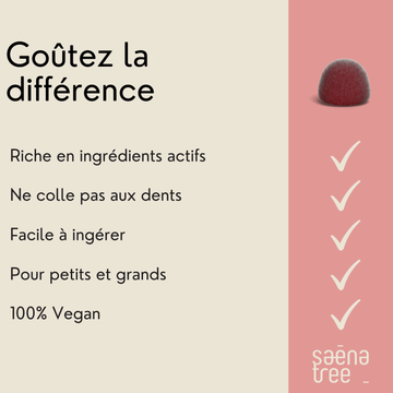 Product advertisement with text and a cherry-like sphere on a beige and pink background, featuring the brand 'sééna tree'.