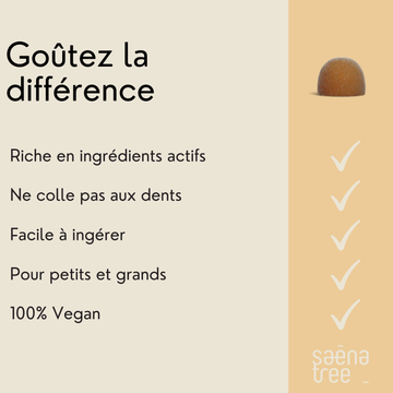 Comparatif Saenatree: turmeric gummies véganes avec bienfaits immunitaires, goût délicieux, faciles à ingérer, sans eau ni gélatine animale, contre gélules classiques.
