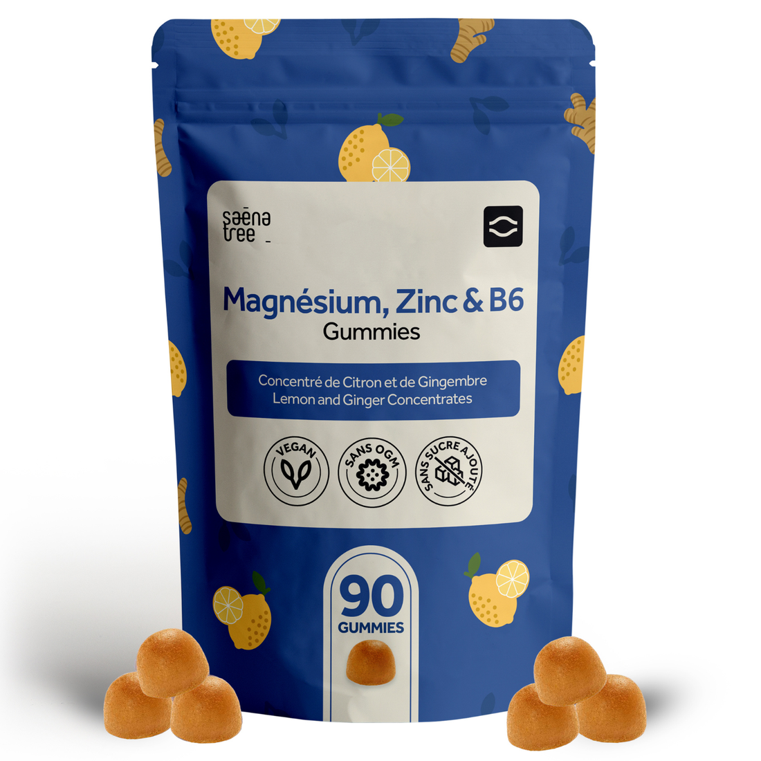 Blue package of Magnesium, Zinc & B6 Gummies with lemon and ginger graphics on a white background