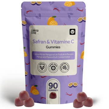 Purple package of SaenaTree Safran & Vitamine C Gummies with mango and passionfruit graphics.