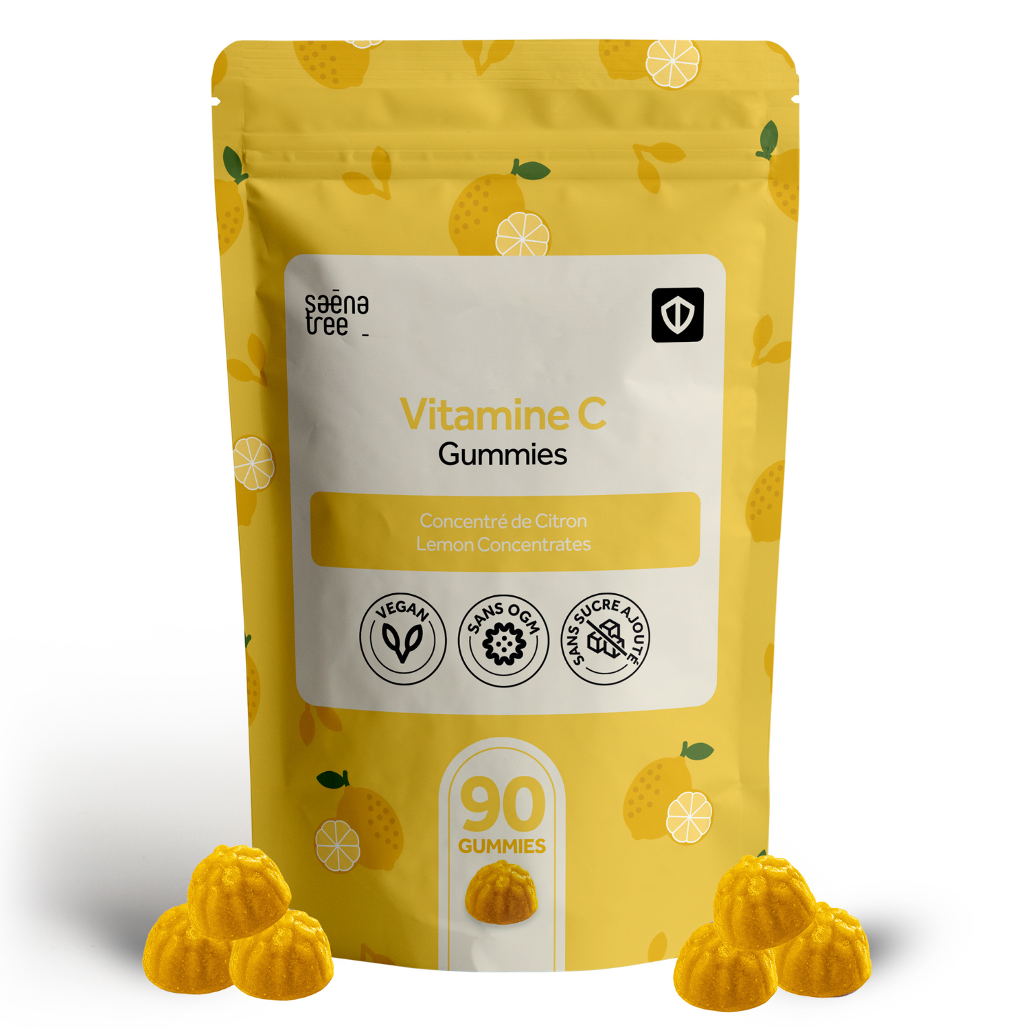 Yellow package of saena tree Vitamine C Gummies with lemon illustrations on a white background