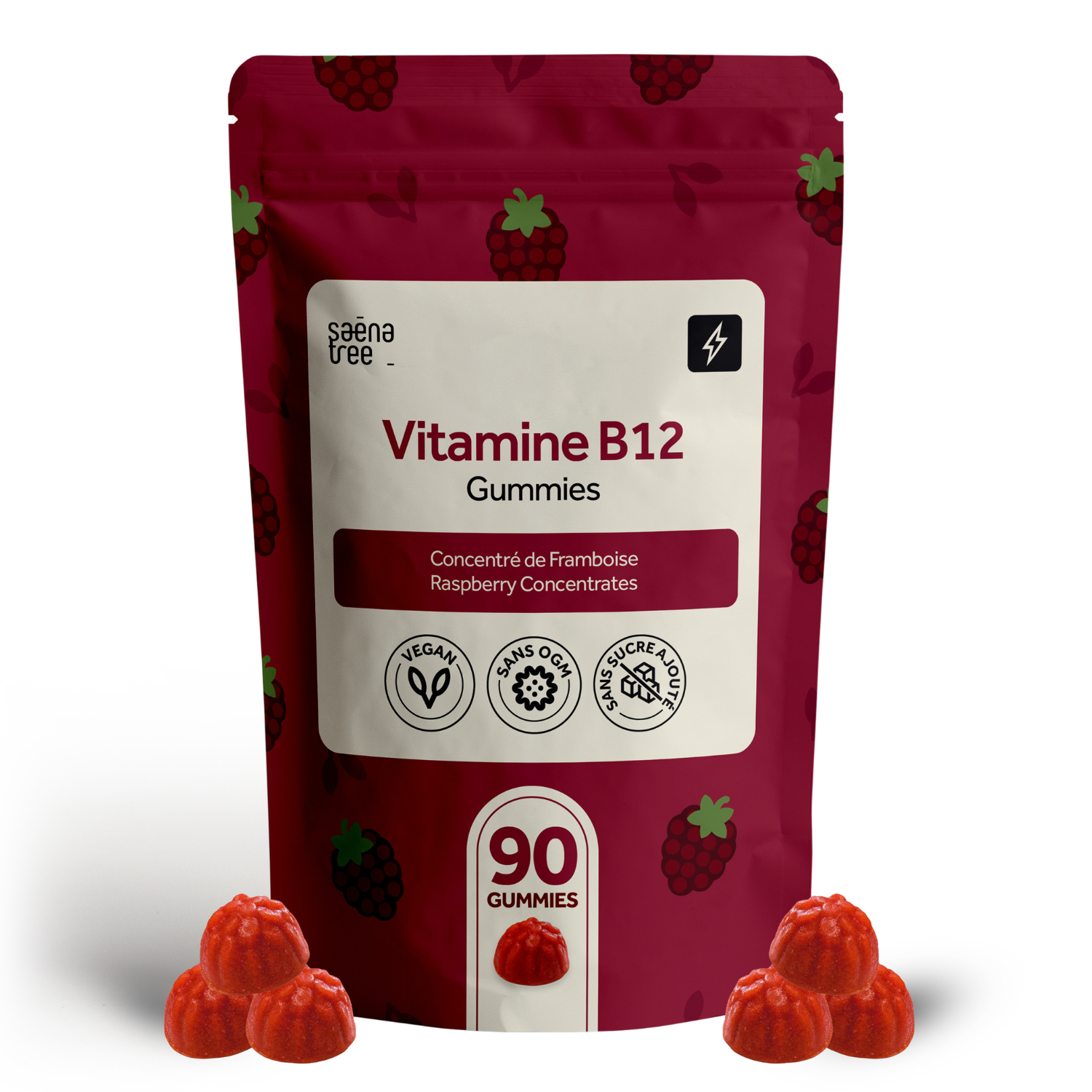 Red package of saenatree Vitamine B12 Gummies with raspberry flavor