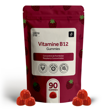 Red package of saenatree Vitamine B12 Gummies with raspberry flavor